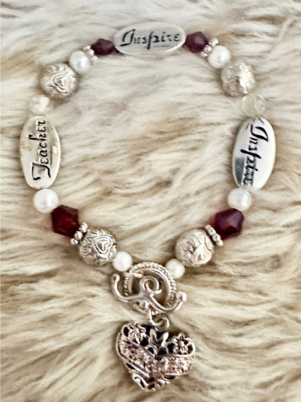 Teacher Inspire Silver Charm Bracelet Burgundy Bead Pearl Heart Toggle Clasp